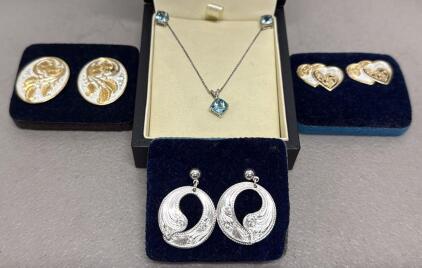 Jewelry Set with Blue Gemstone Necklace, Stud & Drop Earrings