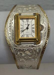 Montana Silversmiths Quartz Watch, Stainless Steel Case, Engraved Band