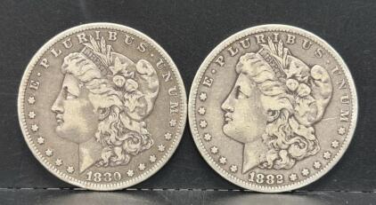 1880 & 1882 Morgan Silver Dollars, 90% Silver (Unable To Verify)