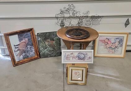 (1) Light Brown Folding Table (5) Paintings W/Frames + More