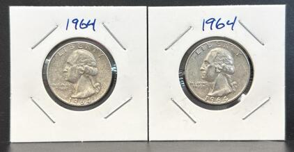 1964 Washington Quarter, 90% Silver, U.S. Mint, No Mint Mark Visible