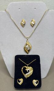 Gold Tone Jewelry Set with Leaf and Heart Designs, Necklace & Earrings