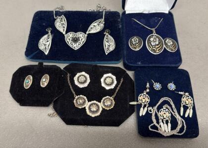 Silver and Gold-Tone Floral & Geometric Necklace and Earring Sets with Gemstones