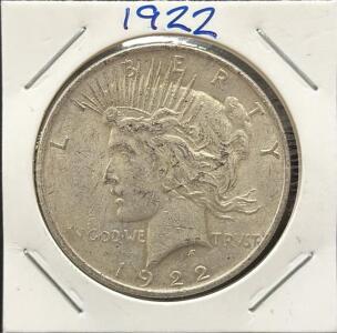 1922 Peace Silver Dollar Coin, 90% Silver, Philadelphia Mint