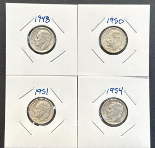 Four U.S. Mint Roosevelt Silver Dimes from 1948, 1950, 1951, 1954