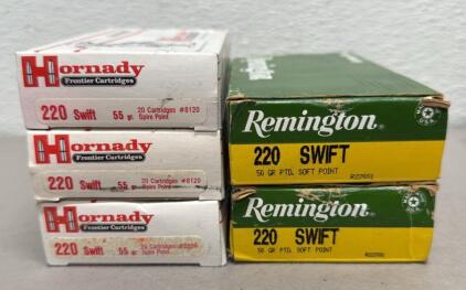 (100) Rounds Of Remington and Hornady 220 Swift Ammunition, 50gr and 55gr, Soft and Spire Points
