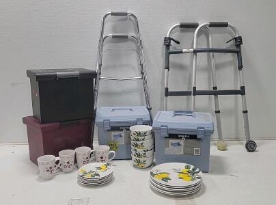 (22) Assortment of Plates, Bowls, Small Bowls (4) File Boxes (2) 4 Post Walkers