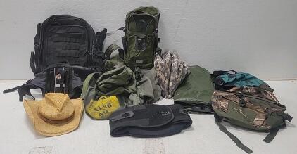 (3) Military Bags (1) Rebok BackPack (1) Alpine Fanny Pack (1) High Sierra Pack (1) Aspen Back Brace & More