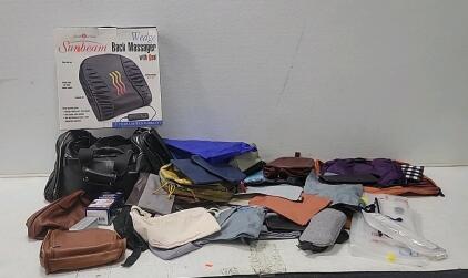(36+) Assortment of Small Bags (1) Large Travel bag W/Traveling Supplies (1) Back Massager