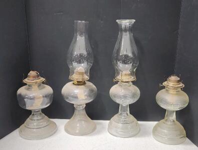 (4) Assorted Vintage Glass Oil Lamps W/ (2) Glass Oil Lamp Covers
