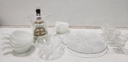(1) Kosta Boda Party Leaf-Patterned Glass Serving Platter (1) Gorham North Pole Express 6.5" Footed Train Bowl (4) Vintage Indiana Glass Cordial Glasses (7) Vintage Fire King Handled Soup Chili Bowls (1) Chivas Regal 12 Year Old Blended Scotch Whisky Bott