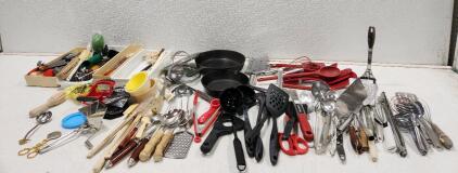 (2) Vintage Lodge Cast Iron Skillet (1) Stainless Steel Herb Mill (1) Vintage Egg Scissors And Assorted Utensils