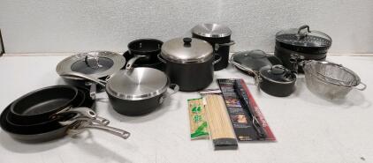 (9) Assorted Calphalon Nonstick Pots And Pans (4) Assorted Cuisinart Pots And Pans (3) Stainless Steel Mesh Strainers And More