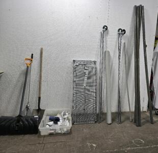 (4)8Ft PVC Pipes 1/2" (1) 6 Racks Metal Shelf 47" X 18"D X 74H ,Snow Shovel, Gardening Shovel,Rake,Door Screen unknown Lengths & More(PLEASE READ DESCRIPTION)