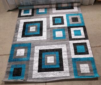 (1) 6' x 9' Masada Area Rug, Newton Collection, Geometric Square Pattern In Turquoise, Gray, & White<br/>