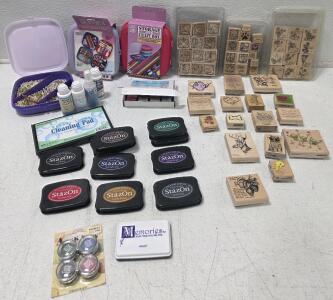 Rubber Stamp and Craft Collection (54) Rubber Stamps (27) Ink Pads (4) Bottles of Stamp Cleaner (3) Storage and Craft Boxes