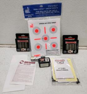 (2) Crosman Copperhead 12-gram CO2 Powerlet Cartridges (1) Radiant Red Five Bullseye Air Rifle Visible Impact Airgun Targets (1) Vintage Crosman Copperhead .177Cal Wadcutter Lead Pellets Airgun (1) Daisy Quick Silver 4.5mm Steel Airgun Shot BB Cal And As
