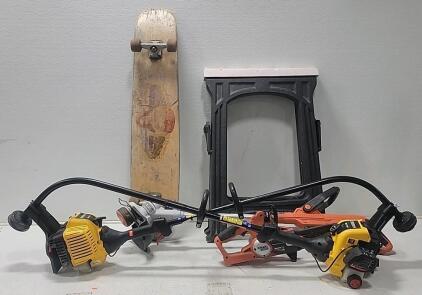 (2) Bolens BL110 Weed Eaters (1) Black&Decker Eletric Trimmer (2) Saw Horses & More