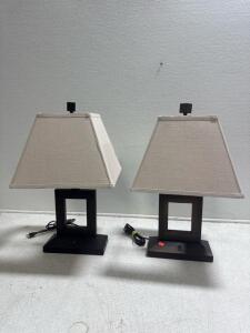 (2)Brown Wooden Lamps W/ Lamp Shades