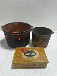 (1) Cast Iron Pot & (2) Vintage Pots & Cigar case