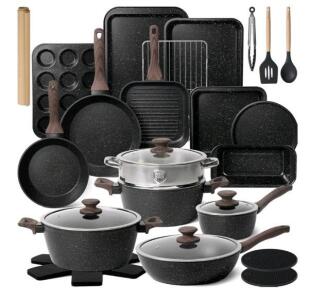 (1) Kikcoin - 31-Piece Non-Stick Cookware Set, Black Finish