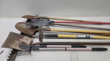 (11) Assortment of Rakes, shovels & Hoes
