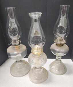 (3) Assorted Vintage Glass Oil Lamps W/ Glass Oil Lamp Covers