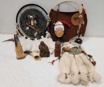 (1) Antique Cow Powder Horn (3) Assorted Native American Style Dream Catchers (2) Hand Carved Wood Decor (1) Cow Horn Decor