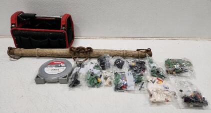 (1) Vintage Antique Oxen Yoke (1) Open Top Tool Bag Tote (1) Oregon 22-405 Magnum Square Gator Trimmer Line And Assorted Lego Pieces