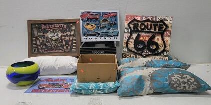 (4) Pictures (4) Pillows (2) Black & Yellow Totes (1) Queen Bed Frame, An Assortment of Tools