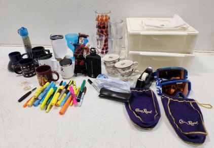 (1) Vintage Oakley O-Frame Snowboard Goggles (4) Vintage Bailys Irish Cream Mr. Yum Wink Coffee Tea Cup (2) Crown Royal Bags (1) Scott Ski Goggles And More