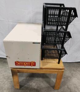 (1) 15 1/4"H X 15 1/4"W X 26 1/4"D Plan Hold Steel Horizontal Roll Filing Cabinet (1) 28 1/4"H X 17 1/2"W X 14"D Three-Tier Stackable Plastic Storage Basket (1) 19 1/2"H X 28"W X 24"D Solid Wood End Table
