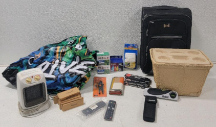 (2) River Rat Float Tubes (1) Jeep Carry-on Rolling Suitcase (1) Pelonis Personal Space Indoor 3-Speed Fan-Forced Heater *tested* (Pack of 2) LG Smart TV Remote Control Replacement (1) Bushnell Professional Torpedo Laser Level W/ Bag and More