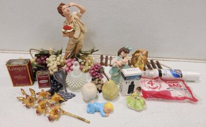 (1) Gold-Plated Orchid Panicle (1) Vintage Fenton Opalescent Hobnail Perfume Bottle (1) Vintage Schilling & Co. Ginger Jamaica Spice Tin And More