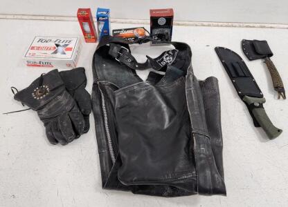 (1) SHAF Leather Collections Motorcycle Chaps (1) Ladies Black Leather Biking Gloves (1) Ozark Trail 10" Machete With Saw Teeth And More