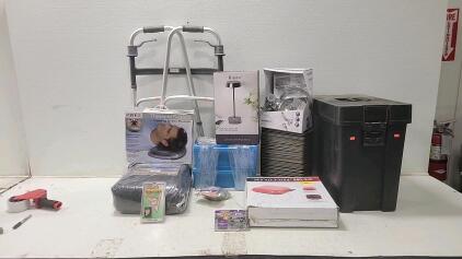 (1) Cordless Table Lamp (1) Neck Massager (1) Portable Grill (2) Tire Chains W/Tighteners & More