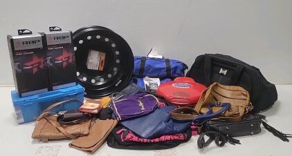 (3) Tire Cable Chains (2) Spare Tire Covers (1) Quesadilla Maker (13+) Small Women's Handbags (1)Wheel