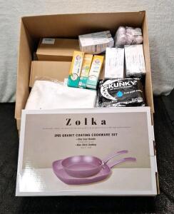 (1) ZOLKA - 2-Piece Granite Coated - Non-Stick Pan Set & (1) Box Of Assorted Amazon Overstock