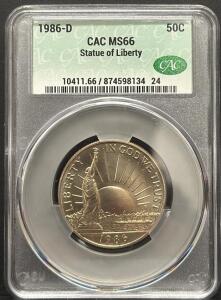 1986-D Statue of Liberty Half Dollar, CAC MS66, Graded Coin