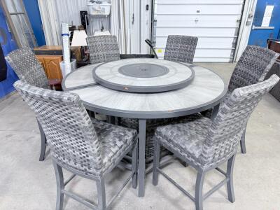 (1) 9-piece Fire Outdoor Dining Set with a Hand-Laid Porcelain Tile Tabletop and 6 All-Weather Wicker Chairs