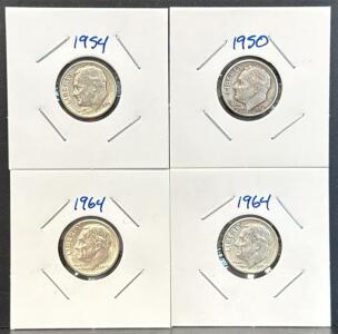1950, 1954, 1964 U.S. Roosevelt Dime Coins, 90% Silver Composition