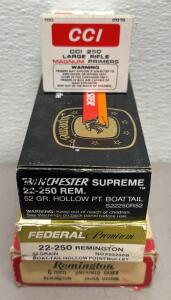(1500) CCI 250 Primers, (20) Winchester 22-250 Ammo, (20) Federal 22-250 Ammo, (20) Remington 6mm Cases