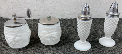 Vintage Grape-Design Milk Glass, Salt & Pepper Mill, And Set of Shakers