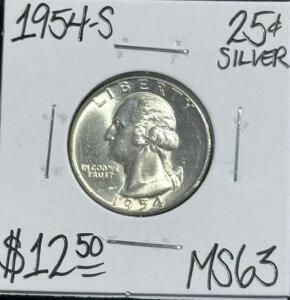 (1) 1954-S MS63 Silver Mint State Washington Quarter