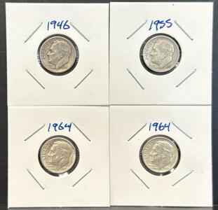 Four Roosevelt Dimes: 1946, 1955, 1964 (x2), Silver Composition