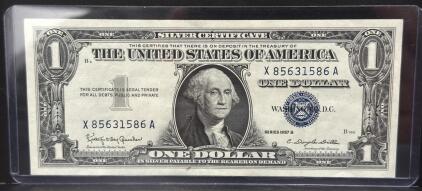 1957 B Series One Dollar U.S. Silver Certificate, Serial X85631586A (Crisp)