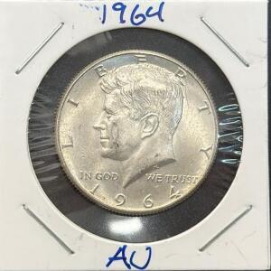 1964 Kennedy Half Dollar Coin, 90% Silver, No Mint Mark, Protective Holder