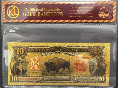 24k Gold-Plated 1901 $10 Bison Note Replica with COA