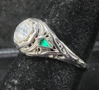 (1) 10k White Gold Ring w/ White and Green Gemstones
