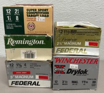 (97) Total 12-Gauge Shotgun Ammunition Shells - Federal, Remington, Winchester - Various Loads